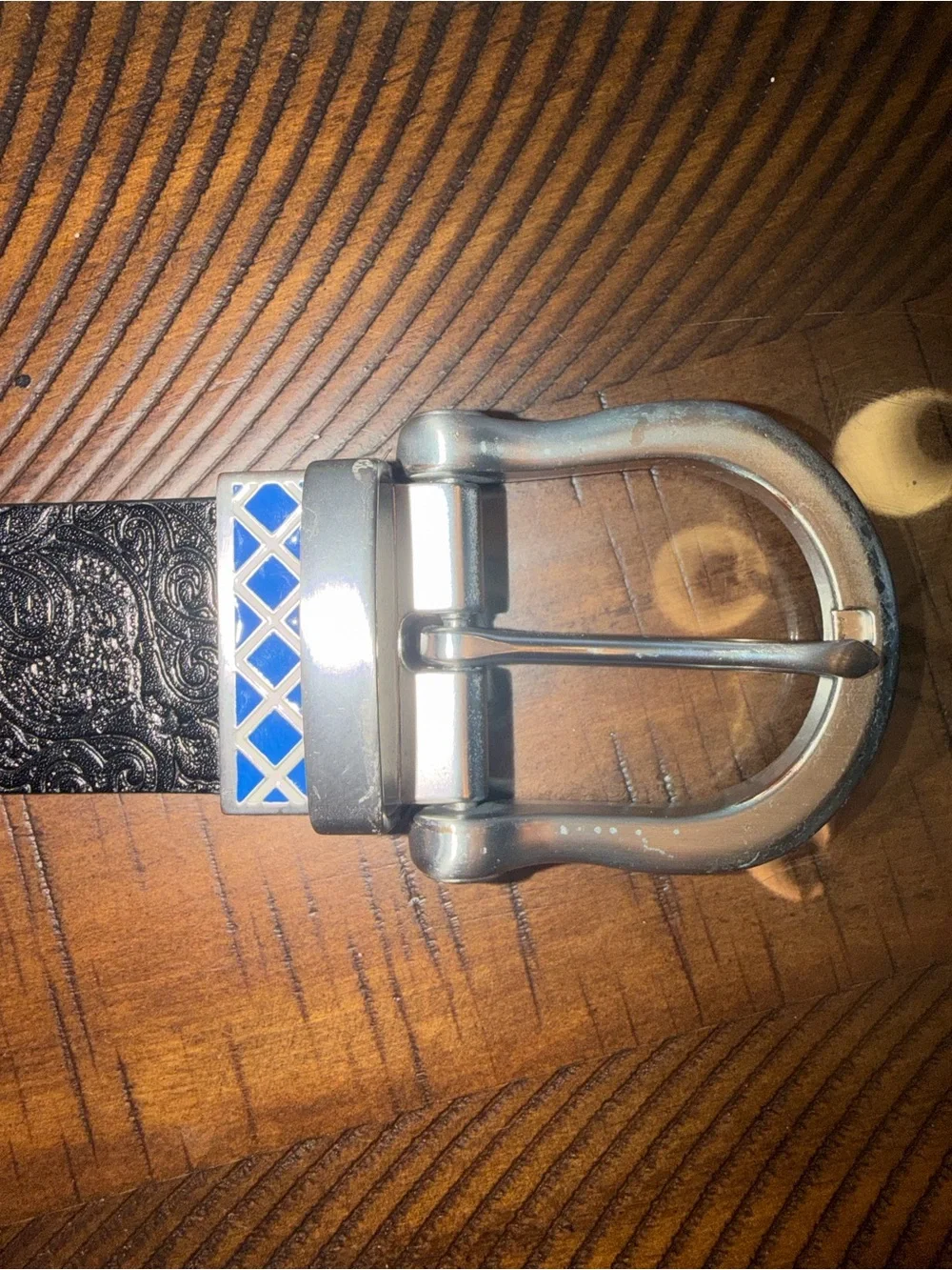 Robert Graham men’s Embossed Black Leather Belt with Bright Blue Lining
